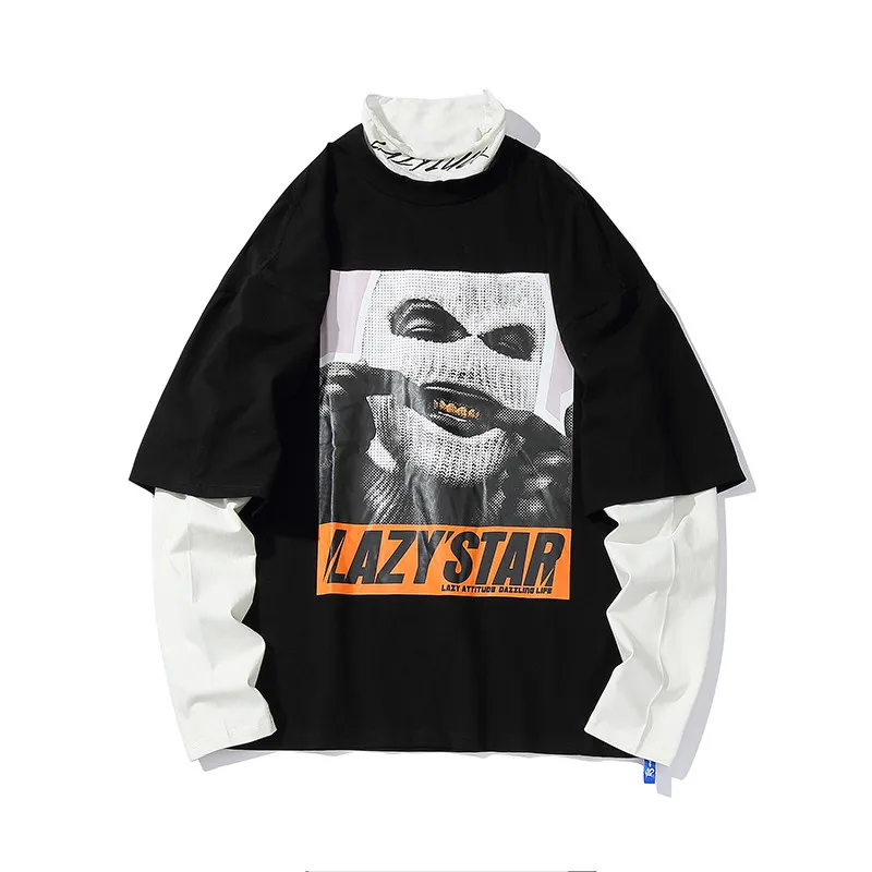 black tshirt Футболка в стиле хип-хоп с длинными рукавами в стиле хип-хоп с изображением темной иконы в масках, 2 шт, уличные мужские футболки, Новинка осени - Цвет: black tshirt