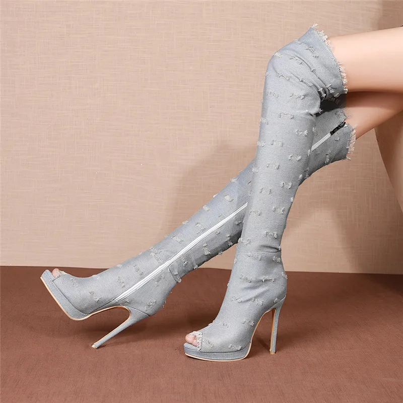 over the knee boots MoonMeek/модные сапоги выше колена размера плюс 34-46 женская обувь на очень высоком каблуке с открытым носком на молнии весенне-осенние сапоги женские - Color: over the knee boots