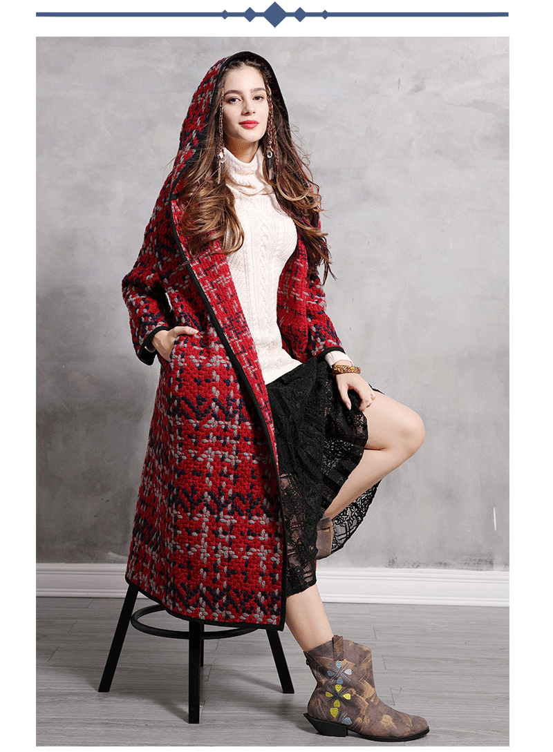 Женское пальто Yuzi. may Boho новое зимнее шерстяное пальто X-Long с капюшоном свободная открытая стежка красная куртка для женщин B9278 Xasaco Feminino