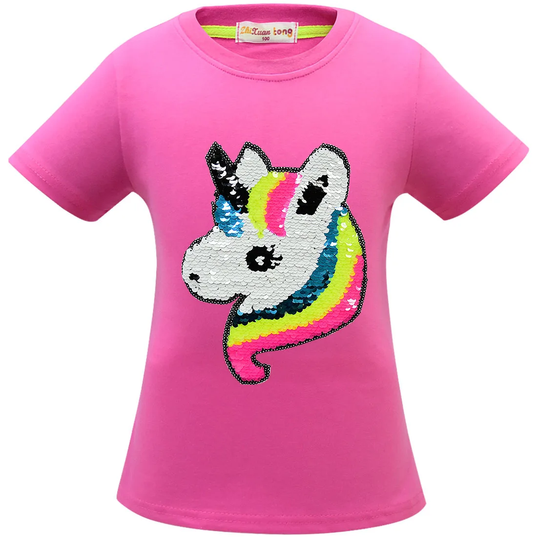 100% cotton Toddler Kids 2019 New Girls Unicorn Clothing Tops Summer Short sleeve Double-sided sequins T-shirt Clothes | Мать и ребенок