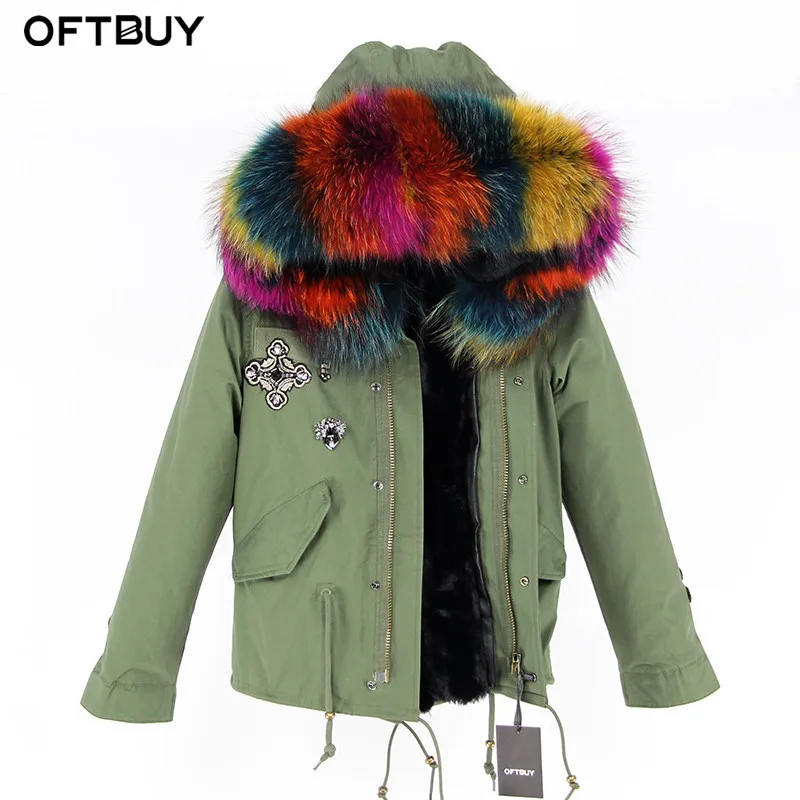 OFTBUY парка с вышивкой бриллиантами цвета хаки, зеленая зимняя куртка, пальто, женские парки, пальто с натуральным мехом енота, воротник теплый - Цвет: 15