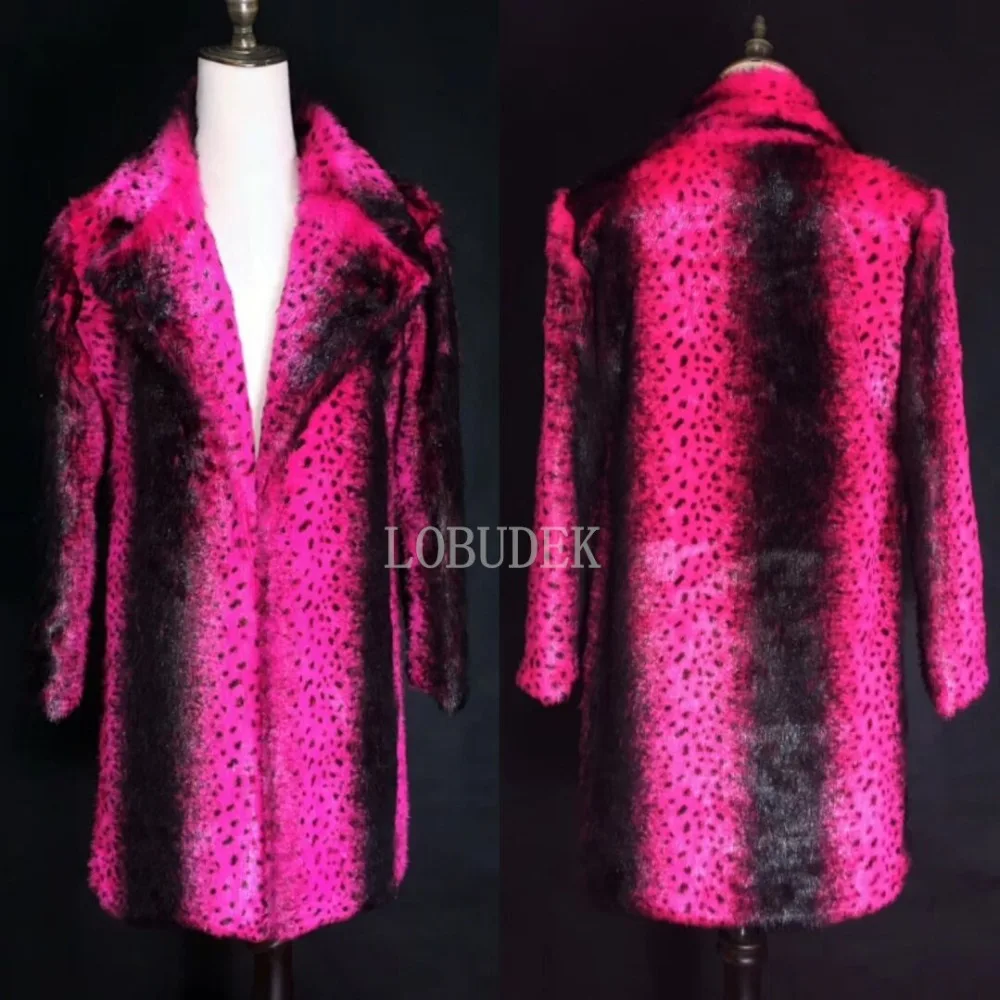 2019 Winter Rose Fur Leopard Overcoat Faux Long Coat Tide Male Singer Nightclub Concert Costume Host Stage Outfit Outerwear | Мужская