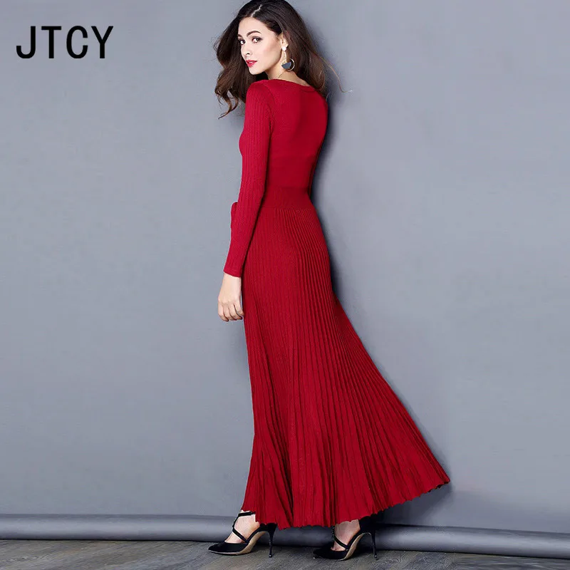 JTCY 2018 осеннее длинное трикотажное женское платье с v-образным вырезом и длинным