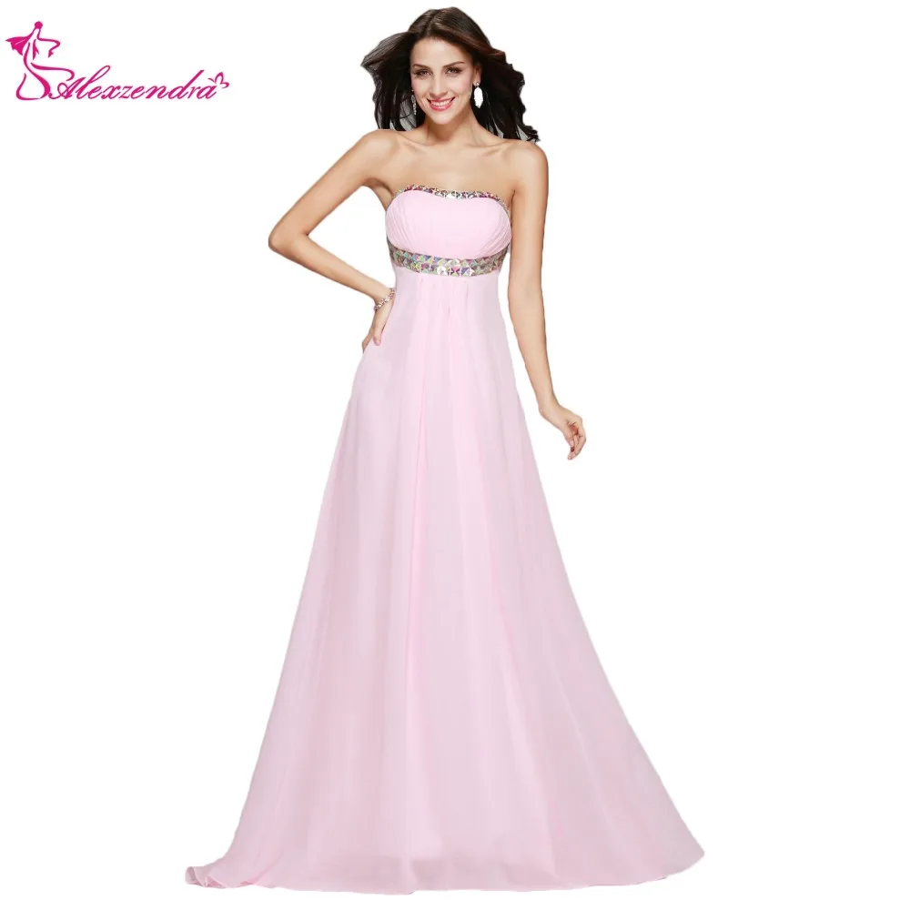

Alexzendra A Line Pink Long Chiffon Prom Dresses Plus Size Simple Beaded Strapless Prom Gowns Party Dress