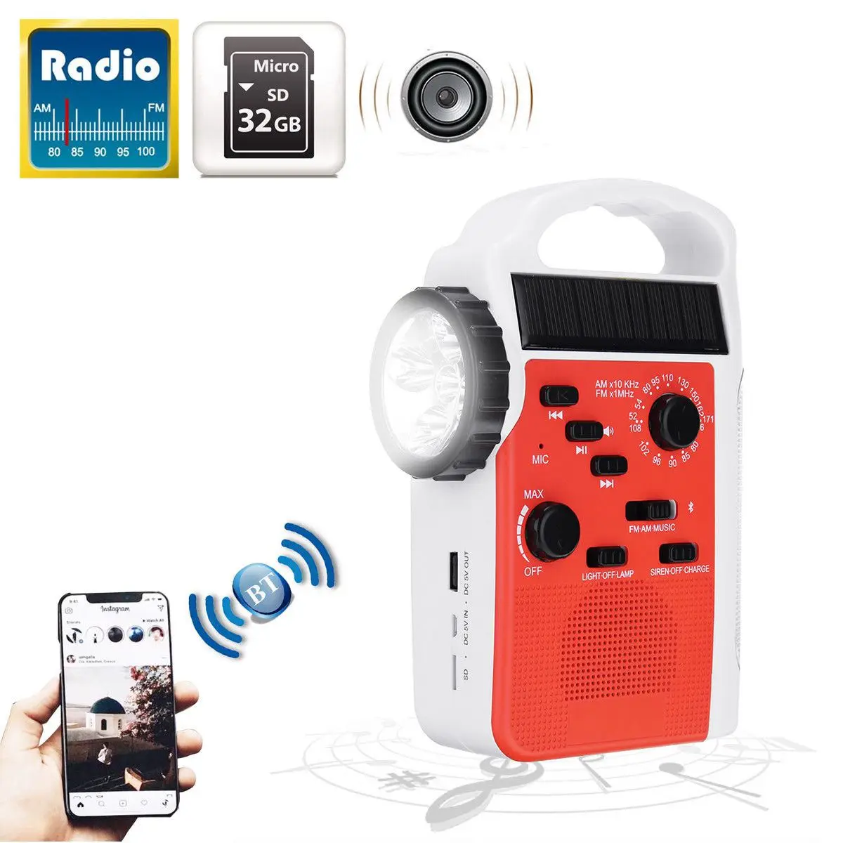 

Top Deals AM/FM Bluetooth Solar Hand Crank Dynamo Outdoor Radio With Speaker Emergency Receiver Mobile Power Supply Flashlight