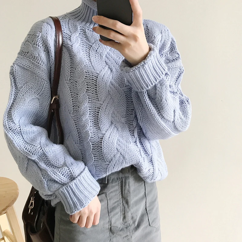 Женский свитер Kawaii Ulzzang, новинка зимы, грубая шерсть, свободный свитер, женская одежда, пуловер, водолазка, вязаный джемпер для женщин