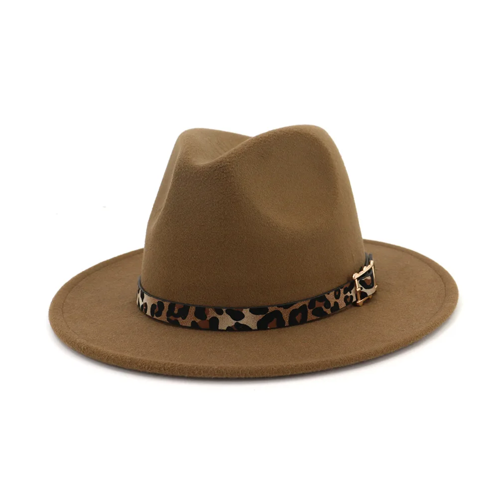 Khaki Шерстяная фетровая шляпа Панама Джаз Fedoras Шляпы с леопардовым ремнем плоские полями формальная Вечеринка и сцена топ шляпа для женщин мужчин унисекс - Цвет: Khaki
