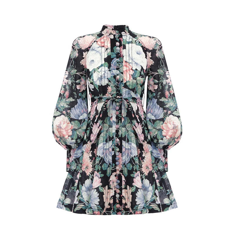 as picture TWOTWINSTYLE Print Dress For Women Stand Collar Lantern Sleeve High Waist Bandages Mini Dresses Female Fashion Summer - Цвет: as picture