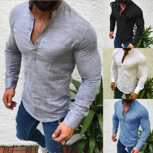Новинка 2019 мужская рубашка Henley новые футболки Стильная приталенная с длинным