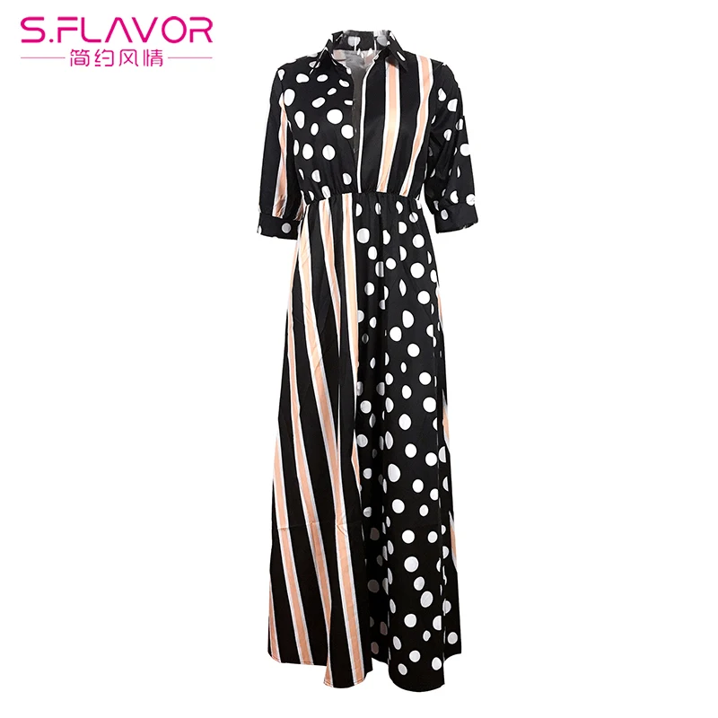 Springr Autumn Women Dress Stripe Single-Breasted Shirt Dot Printed Loose Long Party Dresses Half Sleevel Vestidos Vintage | Женская