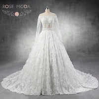 rose moda luxury long sleeves wedding dress turkey 3d flowers lace wedding dresses arabic 1m cathedral train