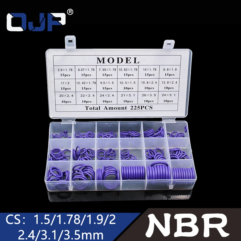 

225Pcs 18Sizes Rubber Rings Purple NBR O Ring Seal Nitrile Oring Washer Sealing O-Rings Assortment Kit O-Ring Set Gasket Box