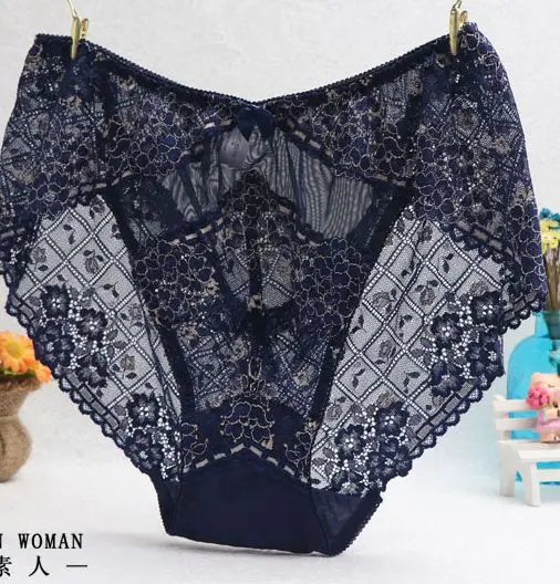 Ropa interior femenina, женские трусы, сексуальное нижнее белье размера плюс 7XL, роскошное кружевное цветочное Прозрачное нижнее белье, женские трусики - Цвет: Тёмно-синий
