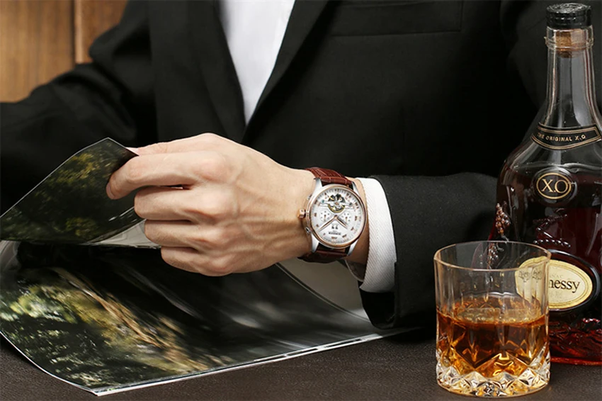 Механические часы Skeleton Tourbillon мужские классические автоматические из розового