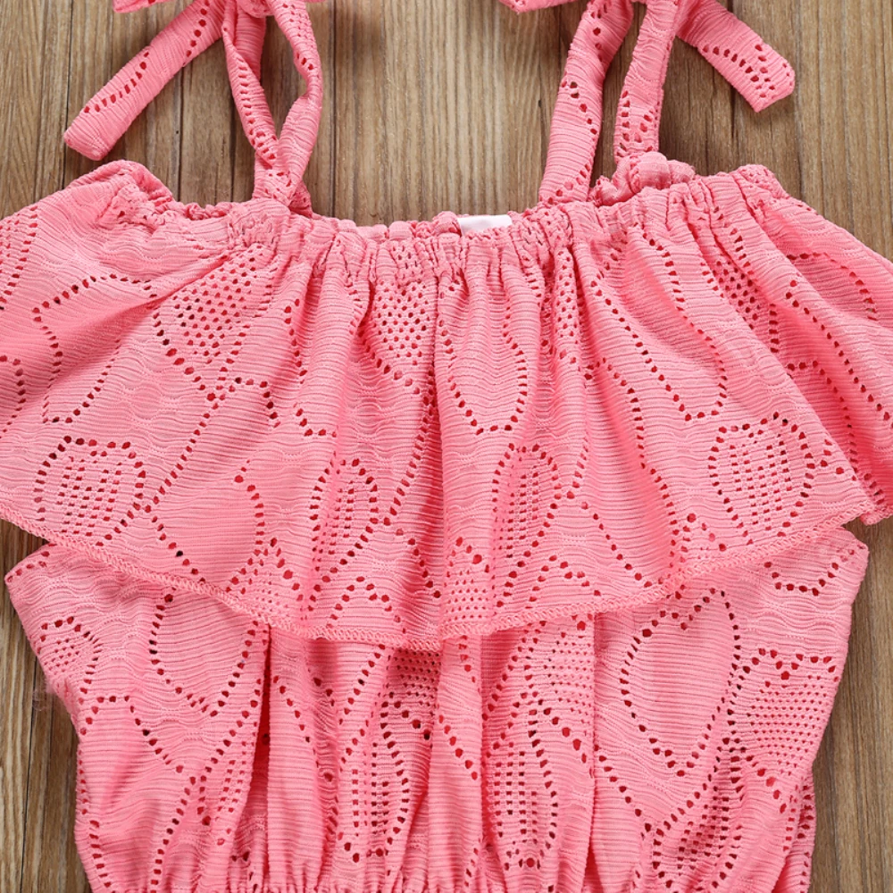 2019 Baby Summer Clothing 0-24M Toddler Girl Bodysuits Ruffles Sleeve Off Shoulder Hollow-out Hearts Pink Jumpsuit Sunsuit | Детская