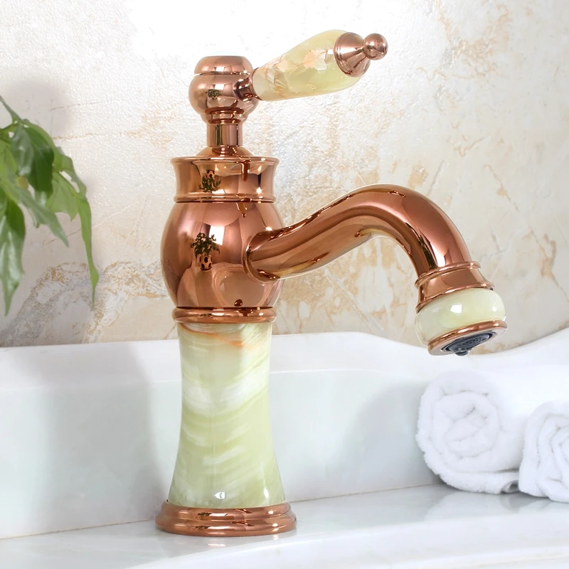 

High quality Bathroom luxury Rose Gold Brass Jade Hot and cold Water tap European Basin Faucet Sink Mixer Tap Faucet