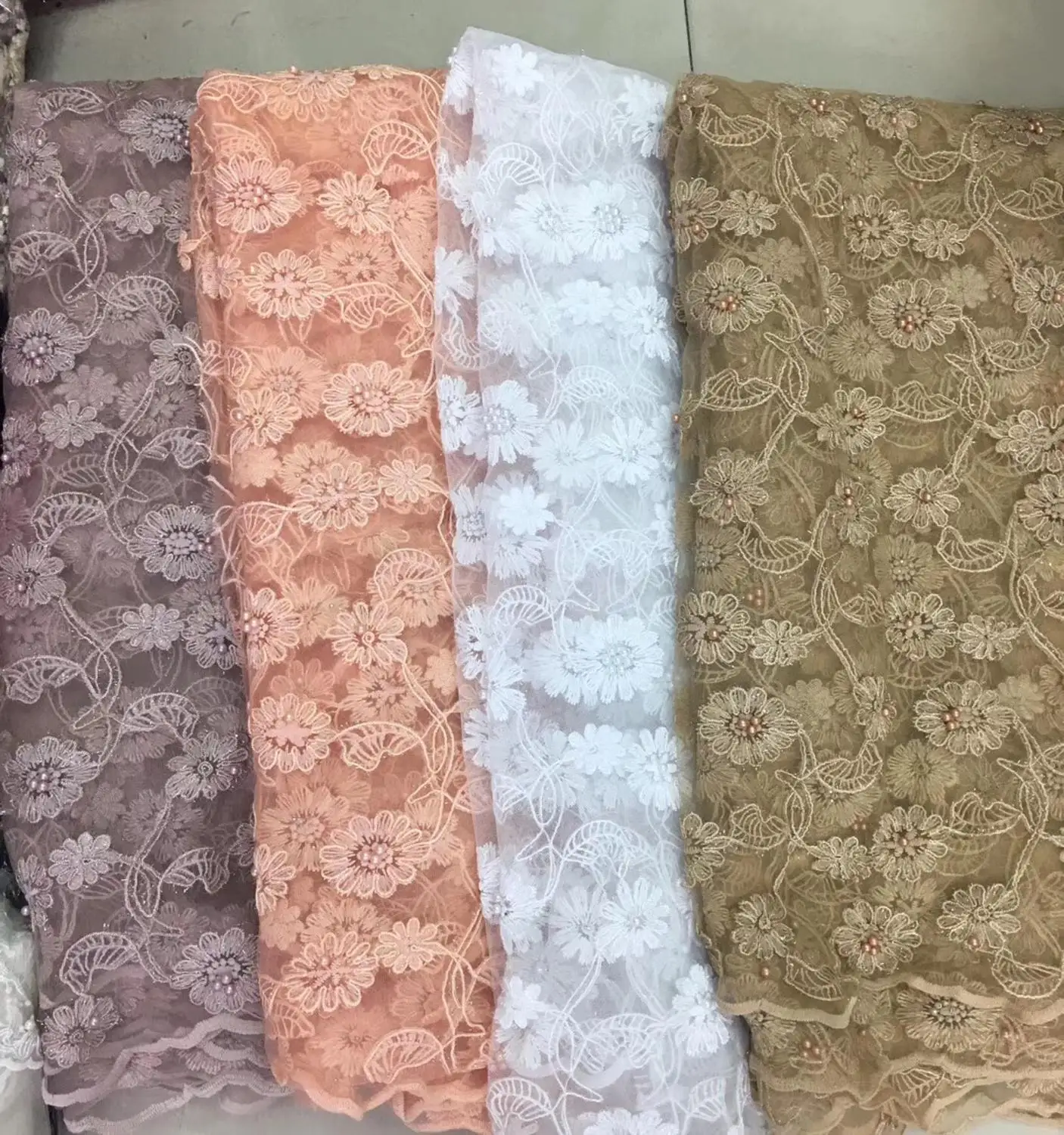 

African French Beaded Lace Fabric 2019 High Quality Lace Peach Lace Fabric Nigerian Tulle Mesh Lace Fabrics for Wedding DM6