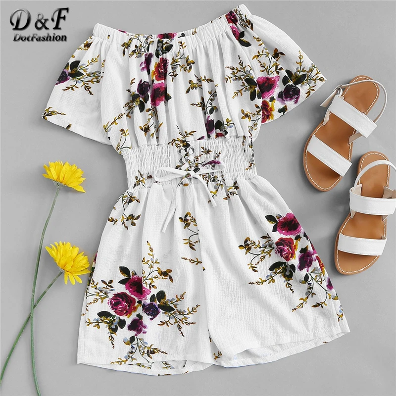 Dotfashion белый комбинезон с открытыми плечами, на шнуровке спереди, с цветочным рисунком, Женский Летний комбинезон, Boho, короткий рукав, прямой комбинезон