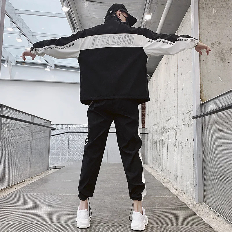 

Hip Hop 2 pieces Set Mens Tracksuit Casual Letter Print Suits Loose Stand Collar Sweatshirts Men Jacket+Pants Sets YT50139