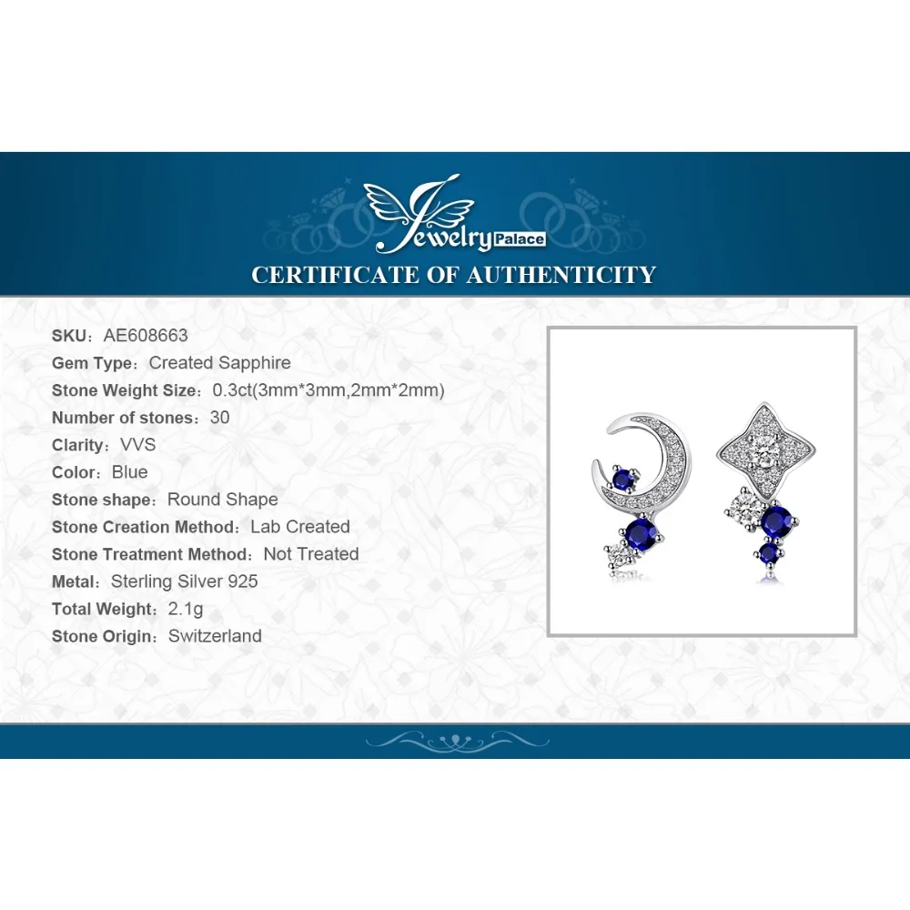 Jewelrypalace луна и звезды 0.8ct создания Сапфир Серьги гвоздики 100% натуральная серебро