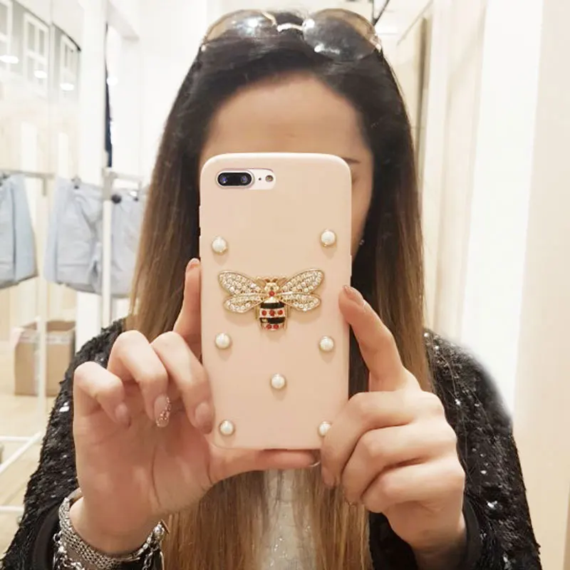 3D роскошный брендовый модный металлический блестящий мягкий чехол с жемчугом