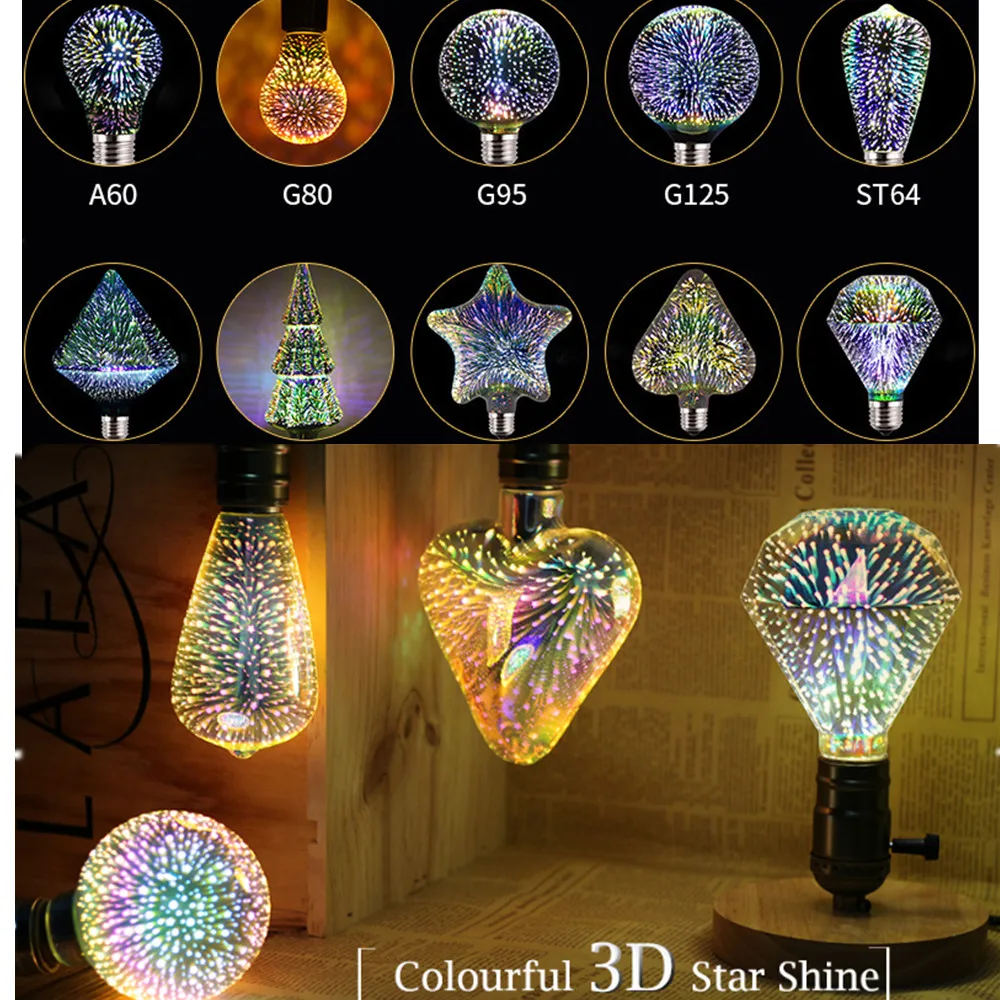 Красивая 3d-лампа blubs G95 ST64 A60 LOVE Diamond shape 3D 7 Вт E27 85-265 в красочная волшебная лампа