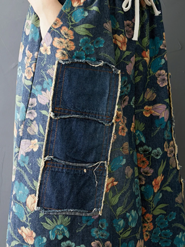

AIYANGA Denim Skirt For Women 2018 Summer Long A-line Skirts Female Casual Vintage National style Go out Wear