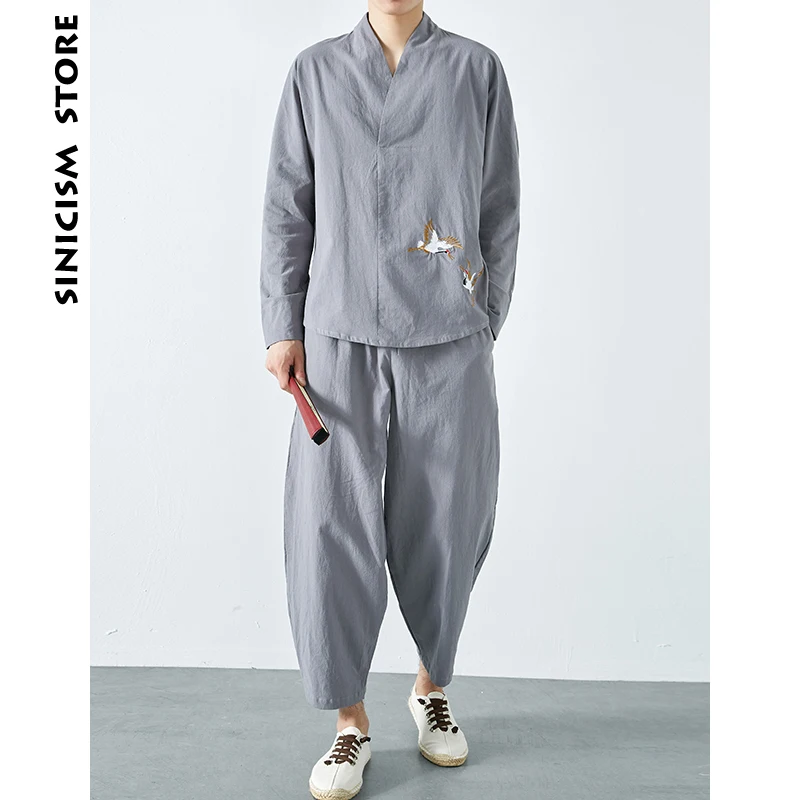 Sinicism магазине Для мужчин Crane Embroidery костюм 2018 s хлопок Винтаж черный с длинным