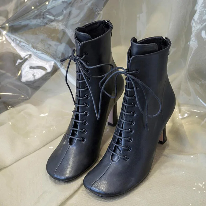Knsvvli/женские ботильоны из натуральной кожи на шнуровке; новые стильные женские ботинки на высоком каблуке с круглым носком на молнии; Бежевые Женские Ботинки martin