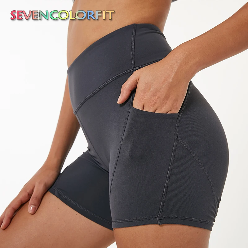 Sevencolorfit сексуальные шорты с карманом для йоги для женщин с высокой талией Короткий спортзал фитнесс тренировка, Упражнение плотные Althletic шорты