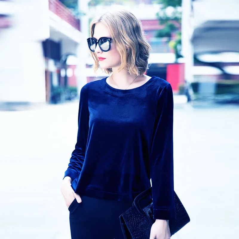 Elegant Solid Color Velvet O-neck Women Tops Long Sleeve Slim Casual Shirts Black Velour Blouse roupas femininas t-shirts | Женская
