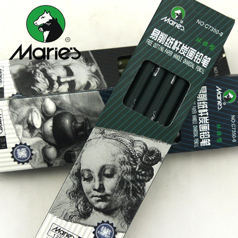 Maries Charcoal Pencil 12pencils/lot Super Soft/Soft/Neutral Paper Holder For Sketch Art Supply Good Quality | Канцтовары для офиса