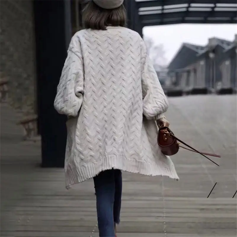 Korean Twist Long Sweater Jacket Women Knit Cardigan Woman Loose Lantern Sleeves Knitting Coat Thick Spring blusa de croche f225 |