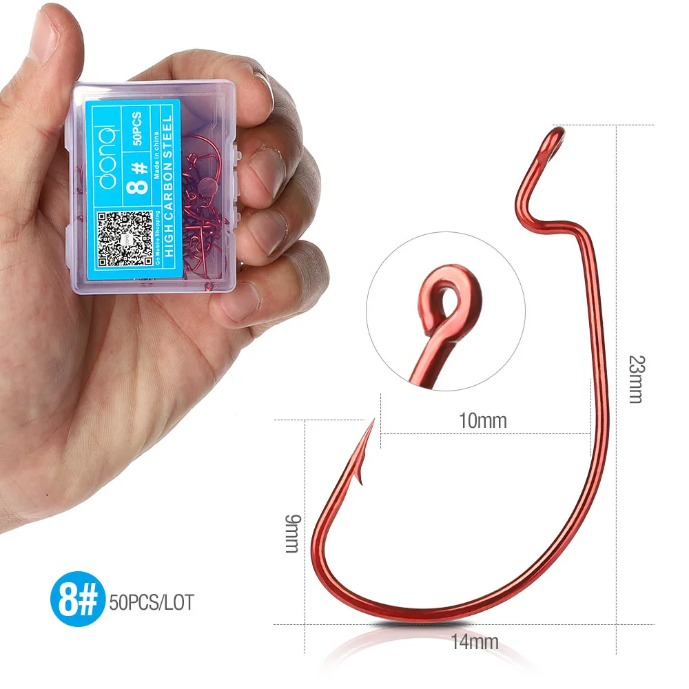 8 Red DONQL 50 шт./компл. широкая заводная рукоятка бронзовых морских рыболовных крючков офсетная печать Карп удочка для Мягкая приманка в виде червей красного и серебристого цвета 5/0#1,# бас колючие рыболовные крючки - Цвет: 8 Red