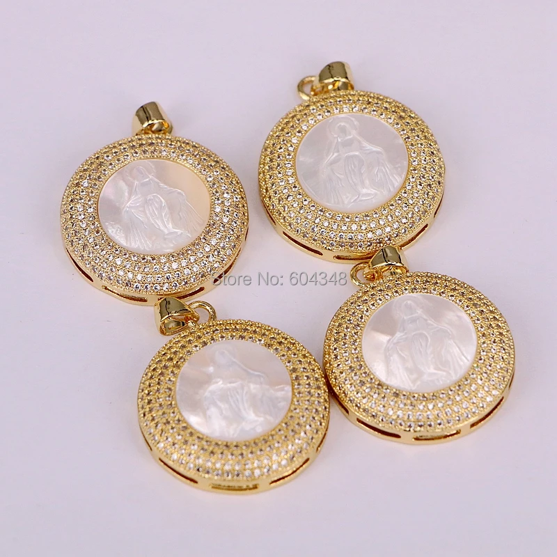 5 нитей zyz183-9089 круглый Mother Of Pearl Подвески Micro Pave CZ Природный Shell Белый Круглый с Иисусом Христом Подвески Цепочки и ожерелья