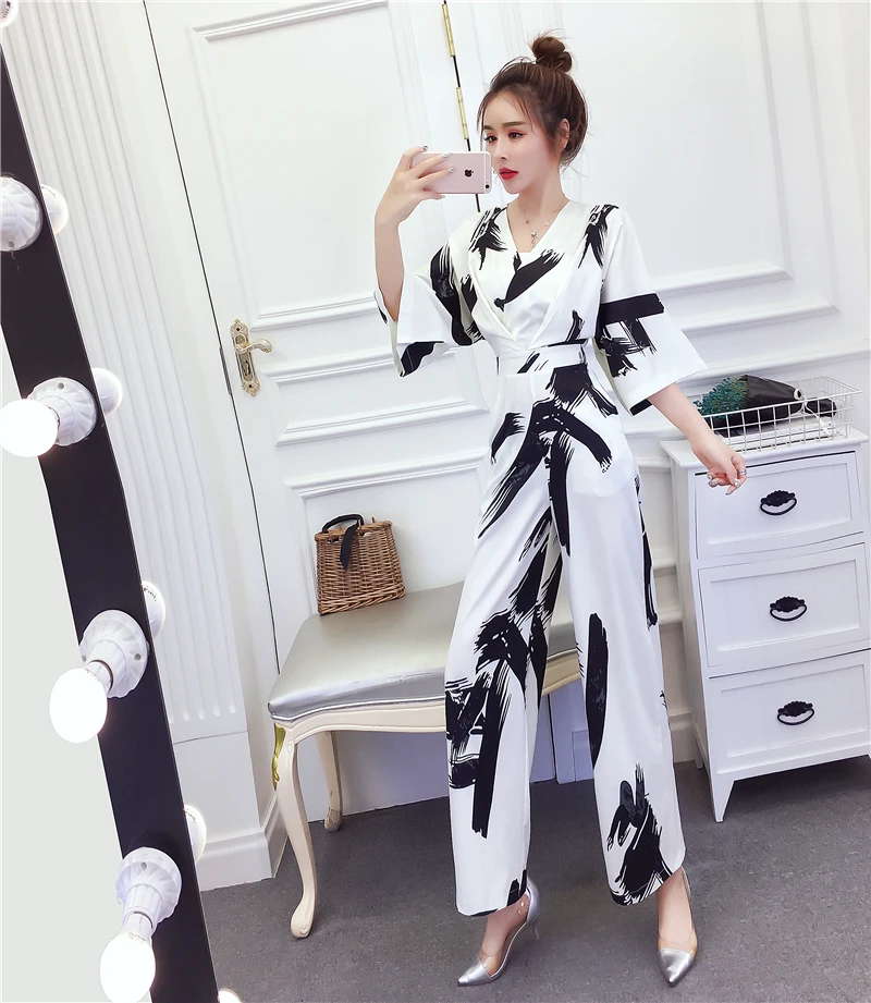 

women casual trousers new summer Korean fashion v-neck wide-legged pants printing jumpsuits white black clothes leisure outfit