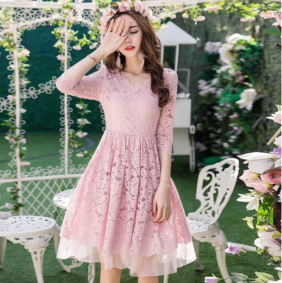 Женское элегантное кружевное платье из органзы с рукавом 3/4 и V-образным вырезом |