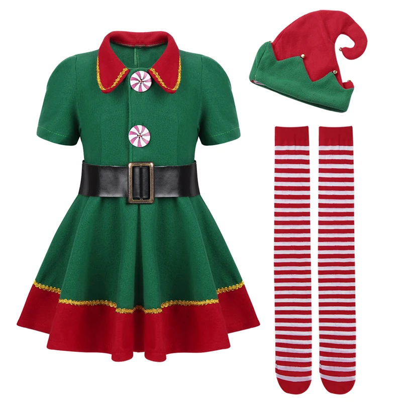 Kids Girls elf christmas Dress New Year Festival with Hat Belt Tights Set for Xmas Cosplay Party Costume Up | Детская одежда и