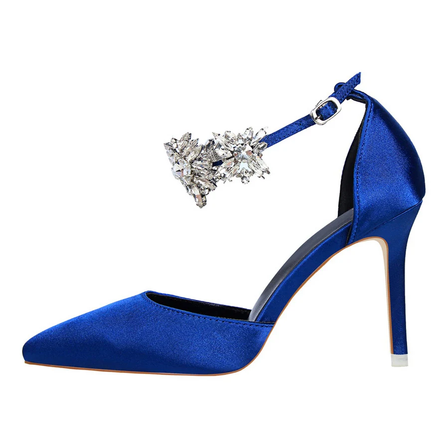 Blue Heels Элегантный Стразы Для женщин женские туфли-лодочки на высоком каблуке шелк острый носок Туфли с ремешком и пряжкой; туфли на шпильке; свадебные женские туфли-лодочки с украшением в виде кристаллов обувь для вечеринок Для женщин - Цвет: Blue Heels