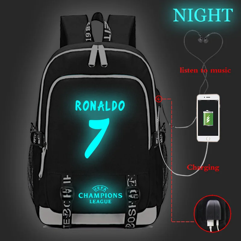 CP7 Ronaldo напечатанный w/USB порт рюкзак с отражающими вставками для мальчиков и девочек мужчин и женщин модные дорожные сумки школьная сумка для подростков ноутбук книга сумки - Цвет: 003