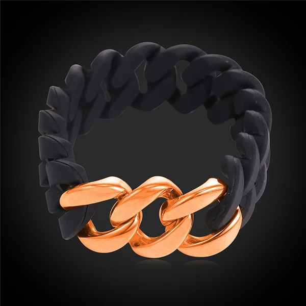 rose gold black Высокое качество унисекс силиконовый резиновый браслет-цепочка для мужчин нержавеющая сталь желтое золото Цвет Гибкий горячий браслет - Окраска металла: rose gold black