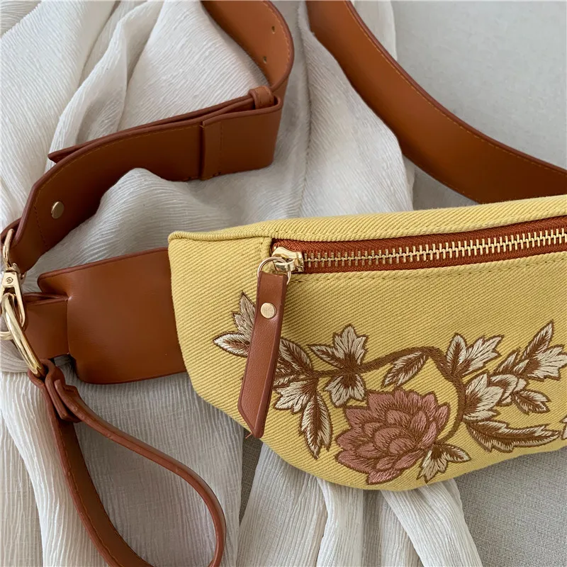 Flower Embroidery Bag Luxury Brand Designer Women Chest Shoulder Crossbody Bags Ladies Canvas Belt Zipper Sac Floral Waiste | Багаж и