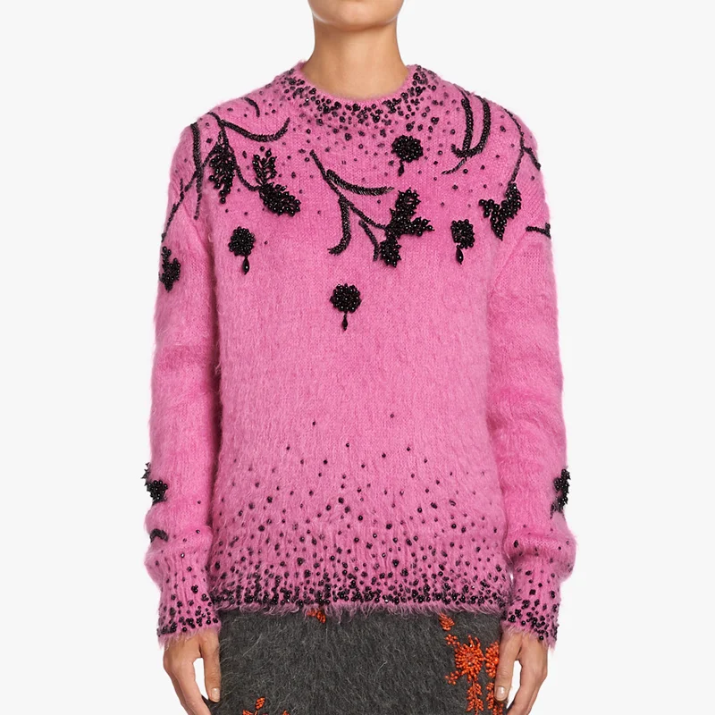 2018 Vintage Rose Mohair Sweaters and Pullover Women Floral Pattern Beading Long Sleeve Autumn Winter Runway Knit Jumper Clothes | Женская