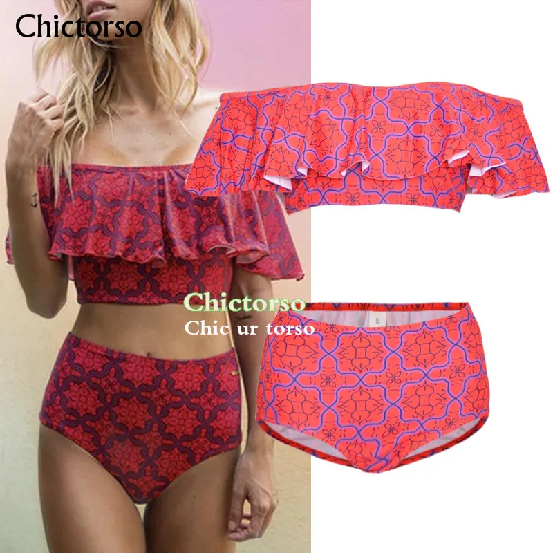Chictorso Тотем печати без бретелек рюшами Бикини Высокая талия трусики для женщин