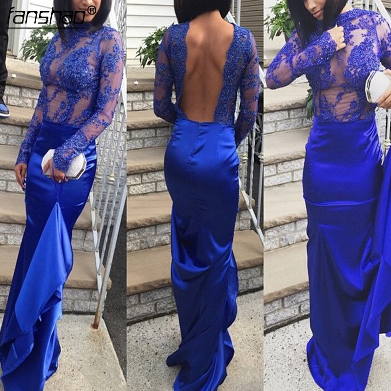Royal Blue Long Sleeves Open Back See-through Evening Dress Women Mermaid Prom Maxi Gowns Saudi Arabia Graduation Gown | Свадьбы и