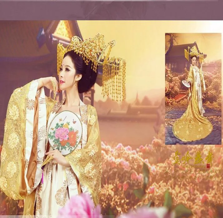 Ancient Tang Song Ming Dynasty Hanfu Dresses Queen Gold Outfit Quality Original Imperial Clothes Film TV Princess Dance Costume