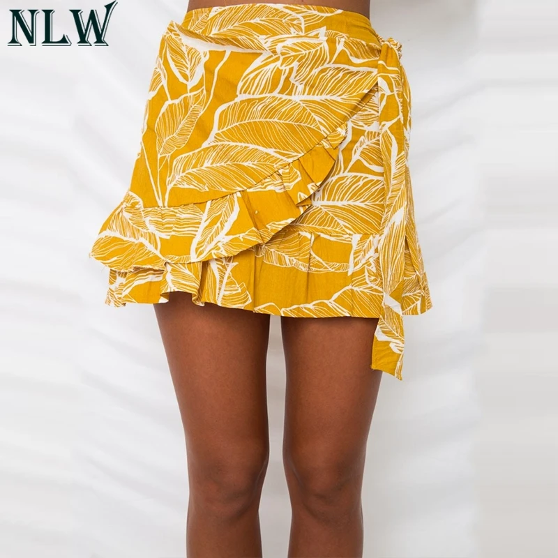 NLW Boho/Летняя одежда с принтом юбка женская мини рюшами Женская завышенной талией