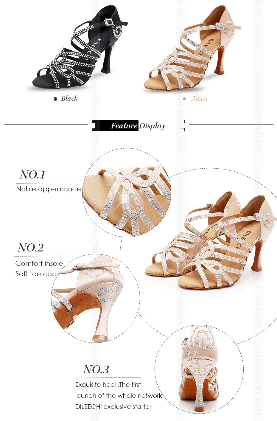 DILEECHI Latin dance shoes double Rhinestone shining Skin Black satin women Ballroom dancing shoes Cuba heel 9cm New Arrival