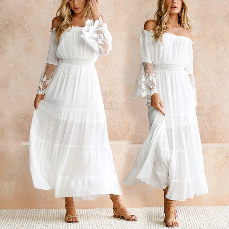 Женское кружевное платье с вырезом лодочкой белое ажурное макси расклешенным
