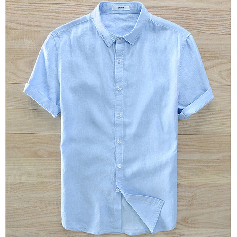

High Quality 100% Linen Summer Men's short sleeve shirts casual men Solid lapel Handsome shirts Fashion men's clothing Show Slim